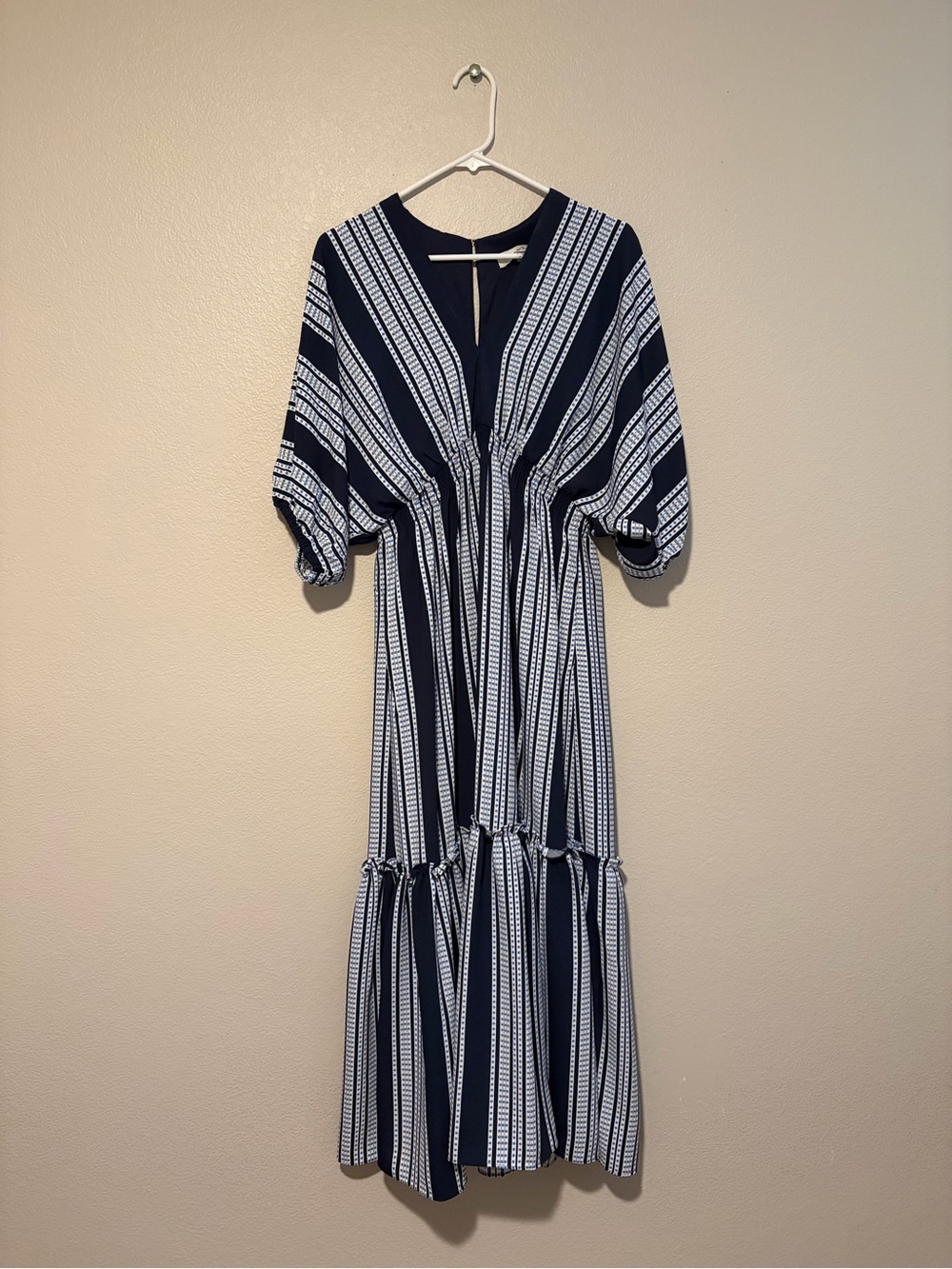 Taylor Navy and White Striped/Dotted V-Neck Maxi Dress
